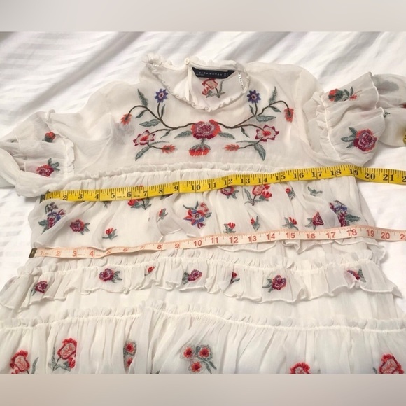 Zara White Ruffle Tiered Floral Embroidered Aztec Bloom Babydoll Dress Large - Picture 14 of 16